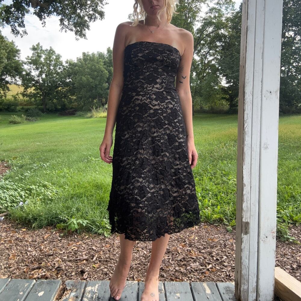 Vintage 90s Rampage Strapless Black Lace Midi Dress Size 9 Goth Chic Whimsigoth